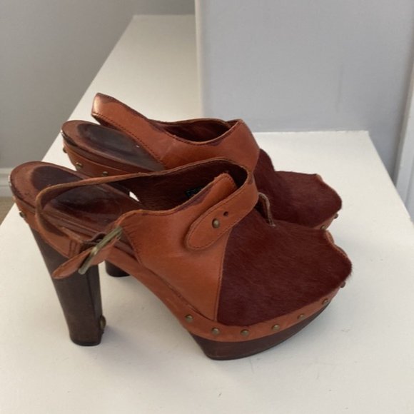 Ugg Brown Calf Hair Peep Toe Platform Heels Size 36.5 - Picture 2 of 10
